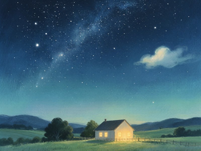 乡野小屋上方灿烂的星空